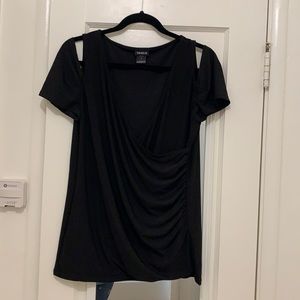 TORRID Size 0, L, 12. Black Cold Shoulder Short Sleeve v-Neck Wrap Blouse.